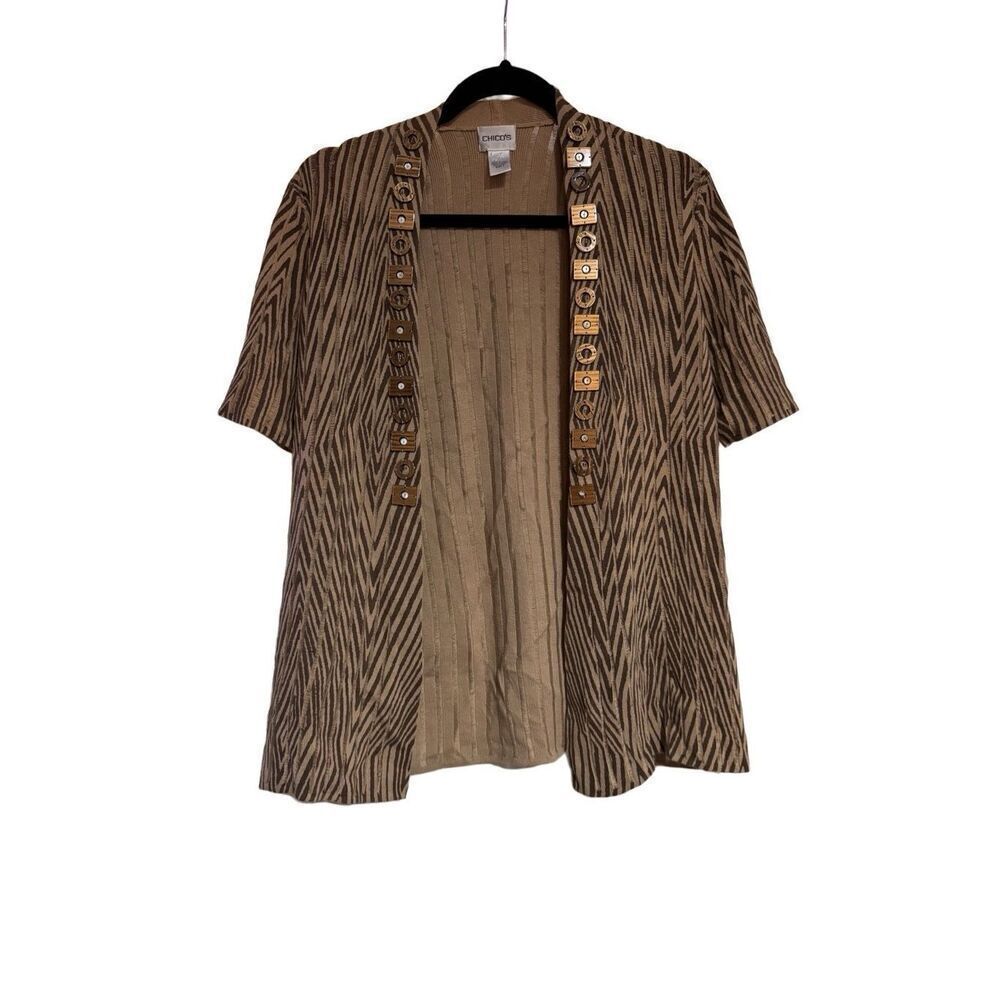 Chico's Sweater Womens Size 1 M US 8 Brown Geometric‎ Open Front Beaded Cardigan